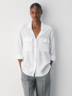 Babaton Utility Shirt White Size XS Aritzia Relaxed drapey twill button-up shirt